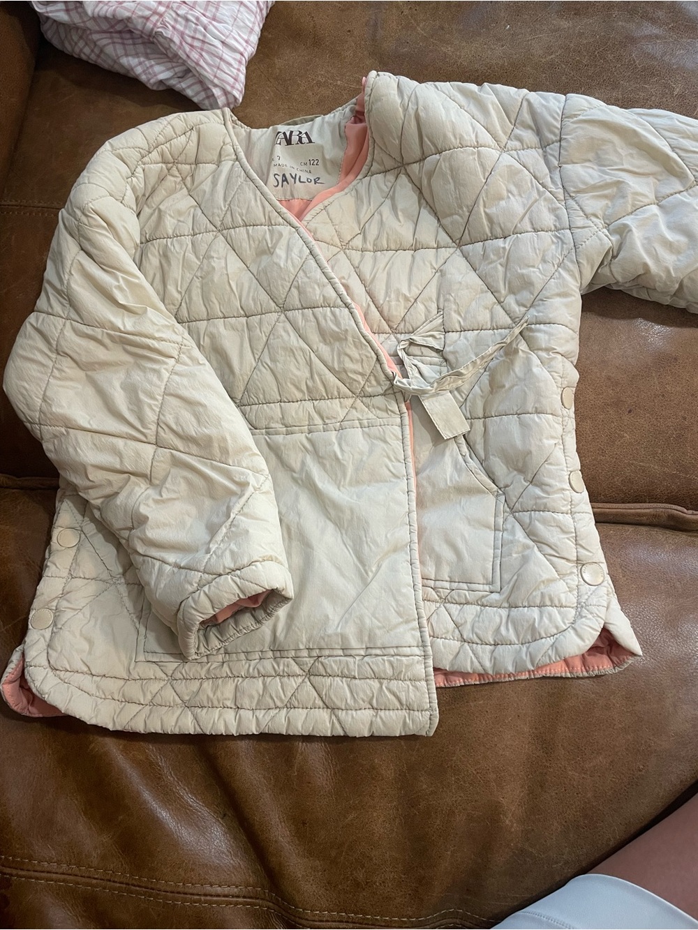 Zara Cream Quilted Puffer Jacket with Pink Trim